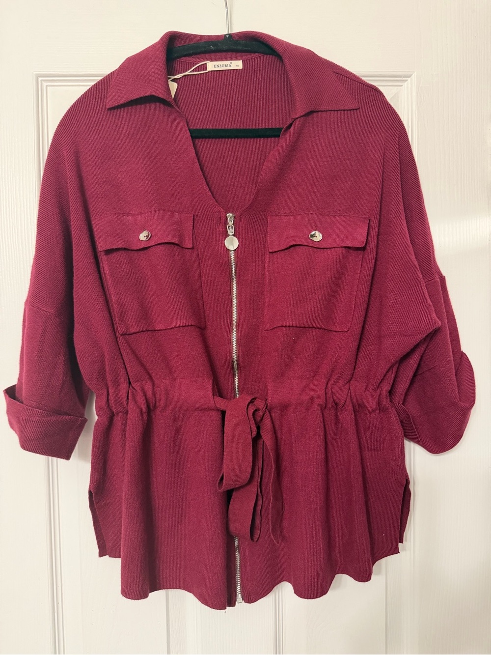 Enzoria Wine Zip-Front Drawstring Knit Jacket